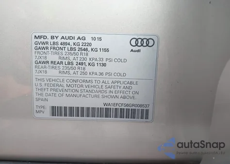 2016 Audi Q3 2.0T Premium Plus z USA, uszkodzony, nr VIN WA1EFCFS6GR008537